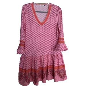 Cabana Life size LARGE pink swim coverup dress yellow beads neckline ruffle hem